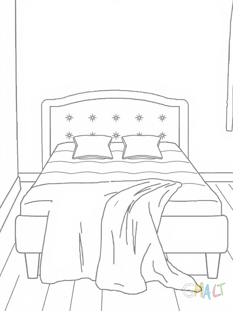 Ein großes Einzelbett mit hohem Kopfteil steht an der Wand. Auf dem Bett liegt eine dicke Matratze mit zwei flauschigen Kissen und einer zusammengefalteten Decke am Fußende.