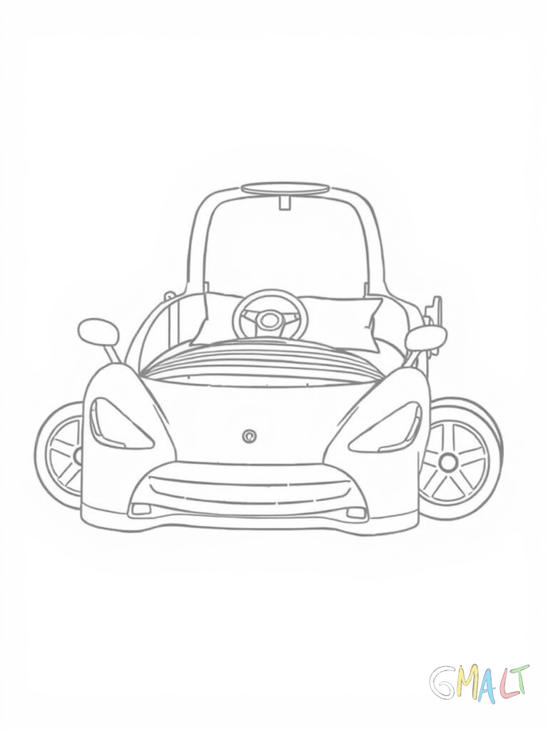 Ein Kinderbett in Form eines Rennwagens. Die Seiten des Bettes sind wie Autotüren gestaltet. Am Kopfende ist ein Lenkrad angebracht. Eine bunte Decke liegt darauf.