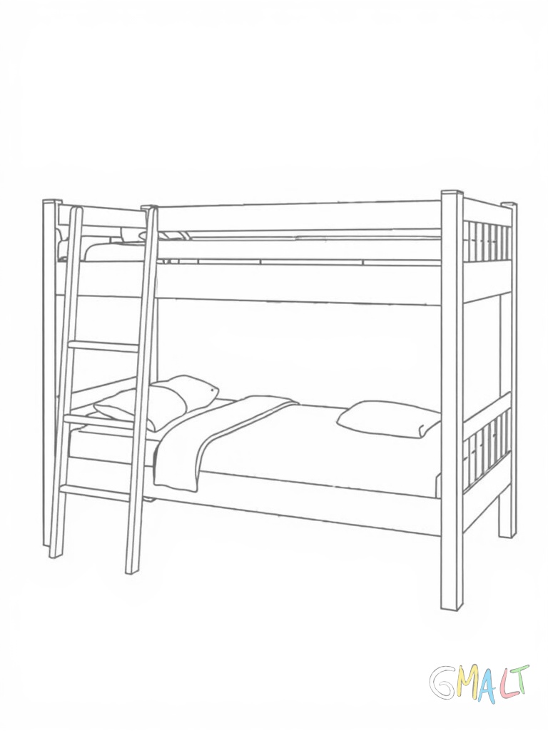 Ein Stockbett mit zwei übereinander liegenden Schlafplätzen. An der Seite führt eine einfache Leiter nach oben. Beide Etagen haben jeweils ein Kissen und eine Decke.
