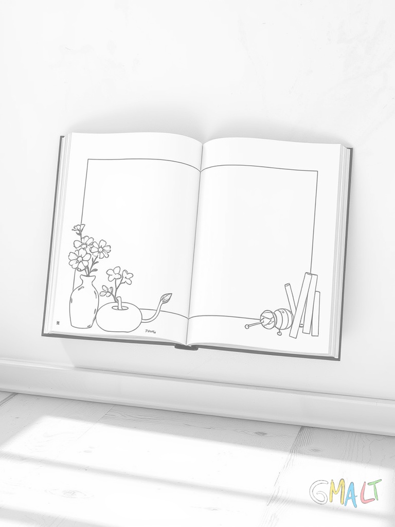 Ein großes Bilderbuch lehnt an einer Wand. Der Einband zeigt einen leeren Rahmen für den Titel.