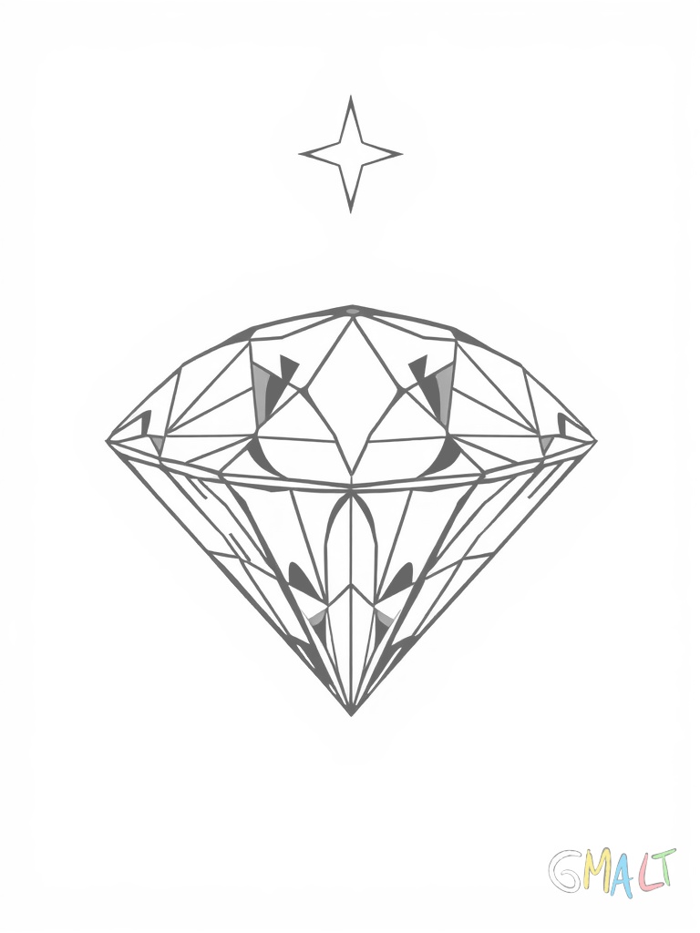 Ein großer funkelnder Diamant in klassischer Brillantform mit acht Facetten steht aufrecht in der Bildmitte. An der Spitze ist ein kleiner Stern zu sehen.