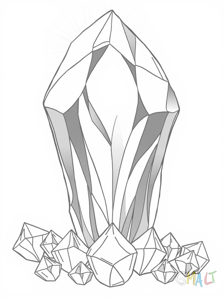 Ein großer achteckiger Amethyst nimmt die Bildmitte ein. Um ihn herum sind strahlenförmig acht kleine dreieckige Kristalle angeordnet.