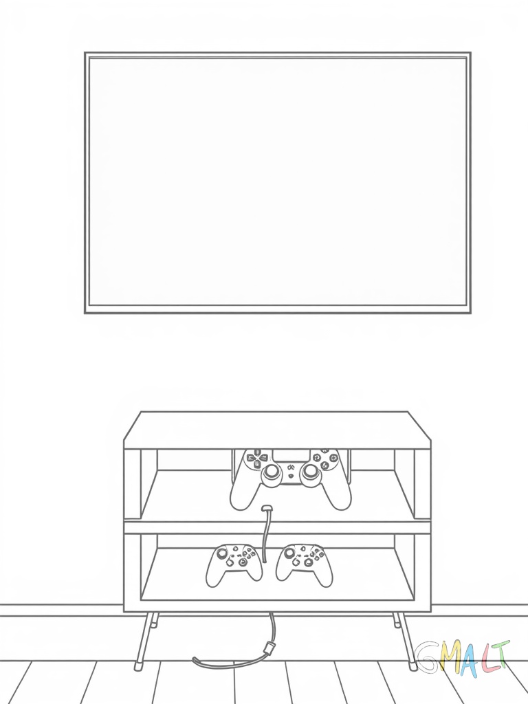 Ein moderner Smart-TV hängt an der Wand. Darunter schwebt ein kleines Regalbrett mit einer Spielekonsole. Zwei Controller liegen ordentlich nebeneinander auf dem Brett.