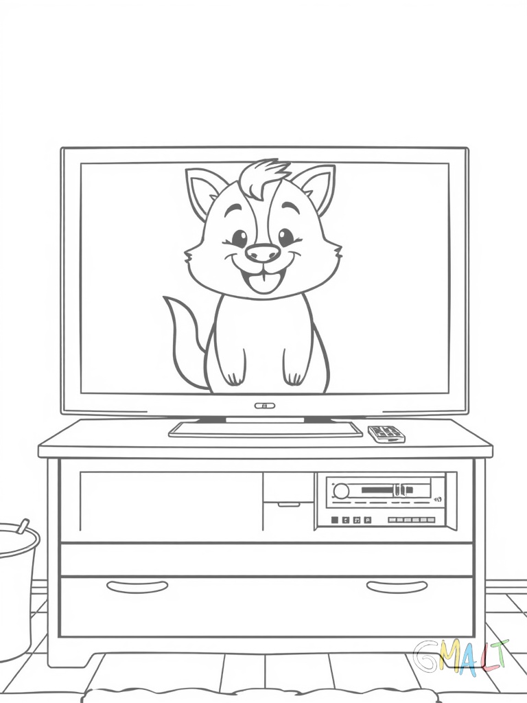 Ein großer Flachbildfernseher steht auf einem TV-Schrank. Der Bildschirm zeigt einen lächelnden Cartoon-Hund. Die Fernbedienung liegt direkt davor auf dem Schrank.