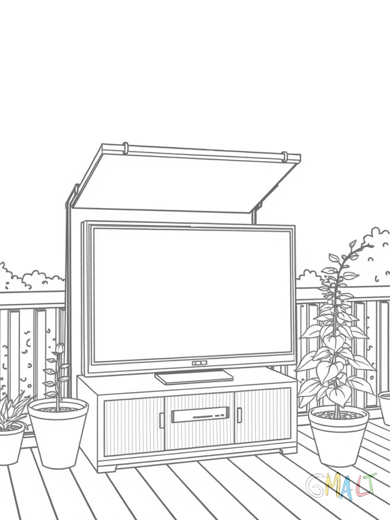 Ein großer Outdoor-Fernseher auf einer Terrasse. Er ist in einem wetterfesten Gehäuse montiert. Darüber ist ein kleines Schutzdach angebracht. Eine Gartenpflanze rankt an der Seite empor.