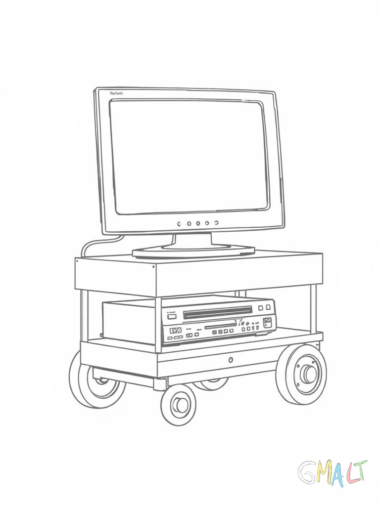 Ein Fernseher auf einem rollbaren TV-Wagen wie früher in der Schule. Der Wagen hat zwei Ebenen und vier Rollen. Auf der unteren Ebene steht ein DVD-Player.