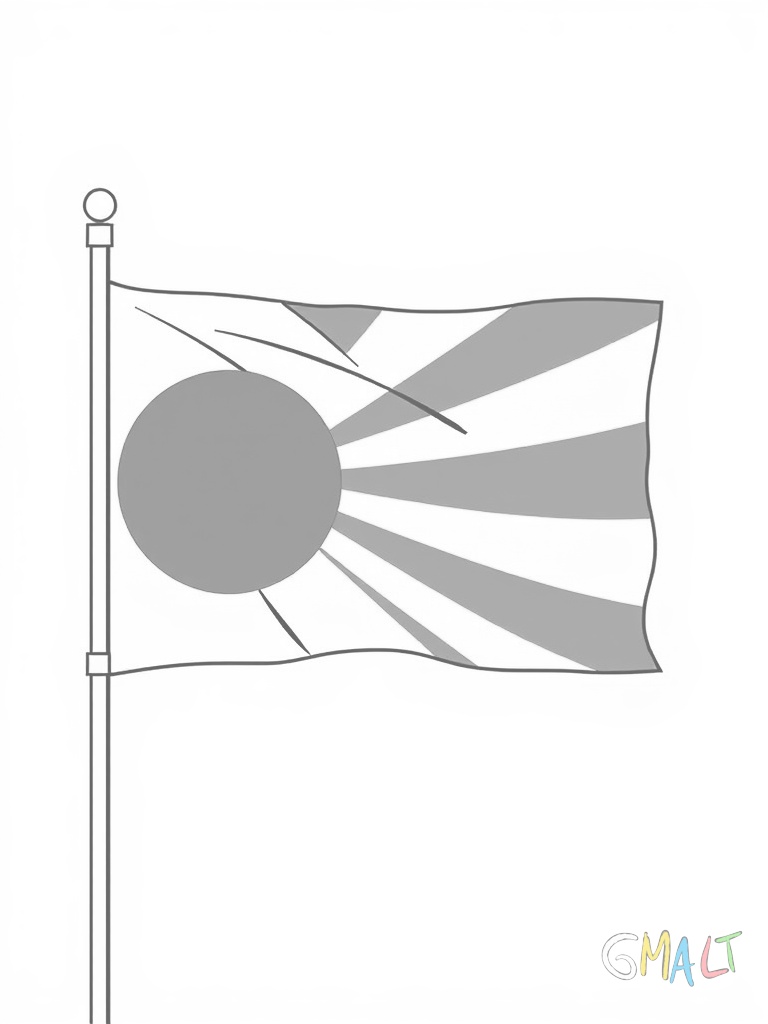 Die japanische Flagge zeigt einen großen roten Kreis in der Mitte des weißen Rechtecks. Die Flagge hängt gerade und ohne Bewegung an einem vertikalen Mast.