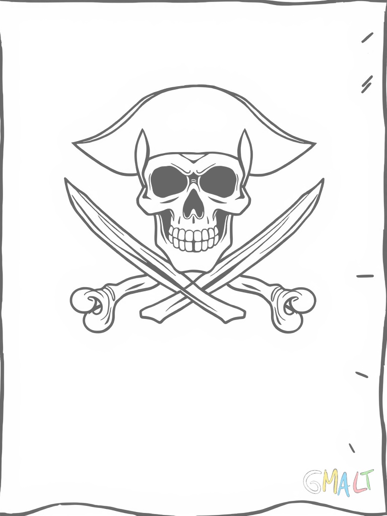Eine Piratenflagge mit großem Totenkopf in der Mitte. Zwei gekreuzte Knochen liegen unter dem Schädel. Der schwarze Stoff hat am rechten Rand leichte Risse.