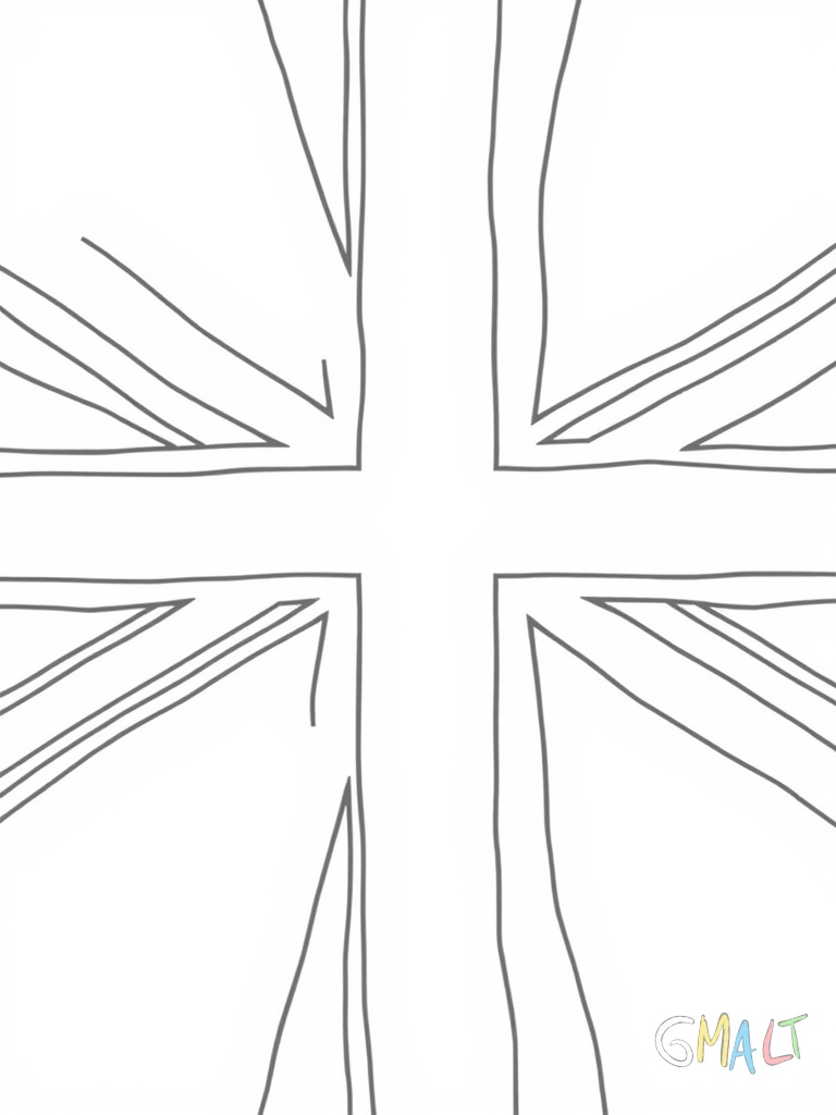 Die britische Union Jack Flagge mit sich überkreuzenden Kreuzen. Das blaue Grundmuster wird von roten und weißen Kreuzen überlagert. Die Flagge ist quadratisch dargestellt.