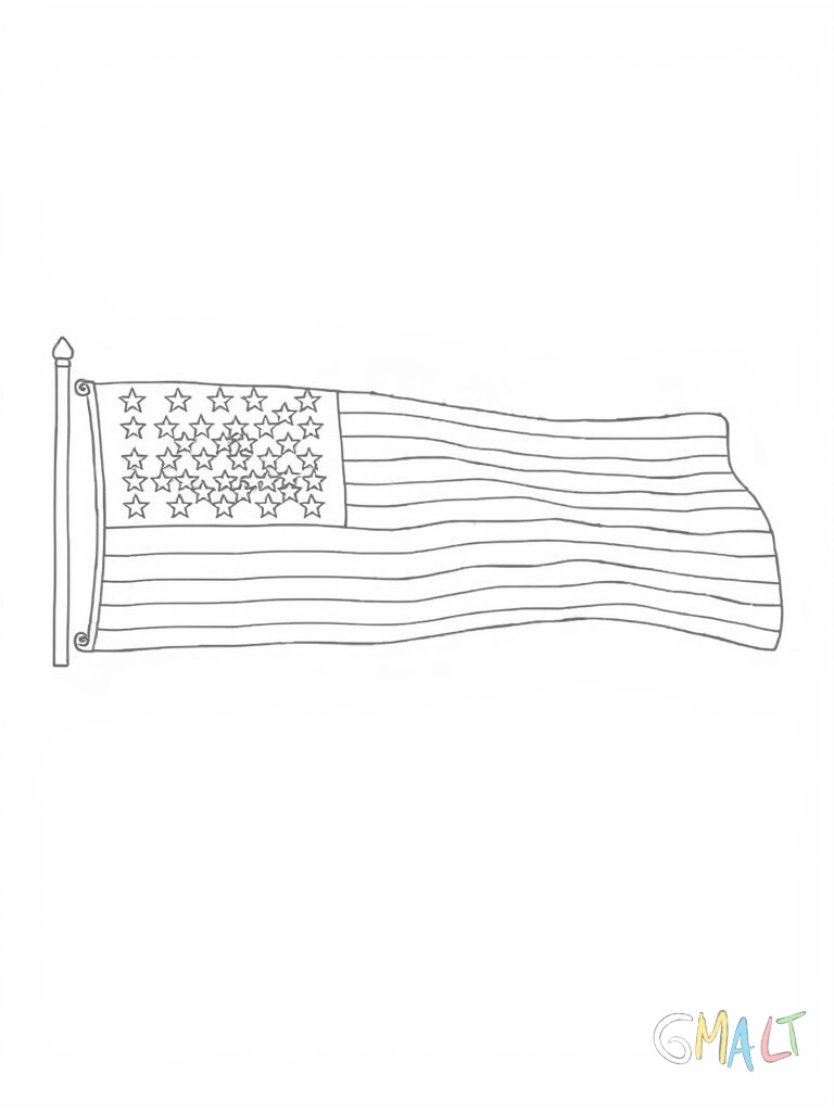 Die amerikanische Flagge ist komplett ausgebreitet zu sehen. Die 50 Sterne sind im Rechteck angeordnet. Die 13 roten und weißen Streifen verlaufen horizontal. Der Fahnenmast ist nicht sichtbar.