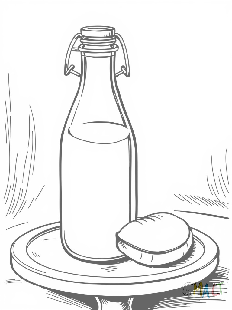 Eine nostalgische Milchflasche mit weiter Öffnung und Metallverschluss steht auf einem kleinen Tablett. Neben der Flasche liegt ein Strohhalm.