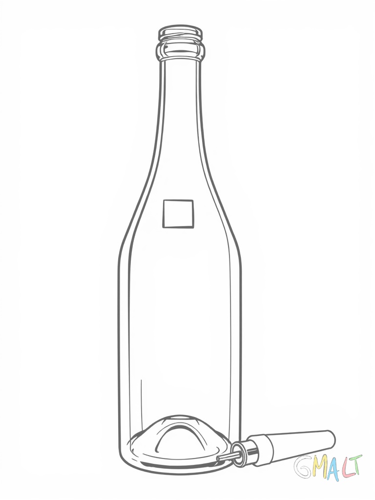 Eine große Glasflasche mit breitem Boden steht in der Bildmitte. Der Flaschenhals ist lang und schlank. Auf der Flasche ist ein einfaches Etikett zu sehen. Daneben liegt ein klassischer Flaschenöffner.