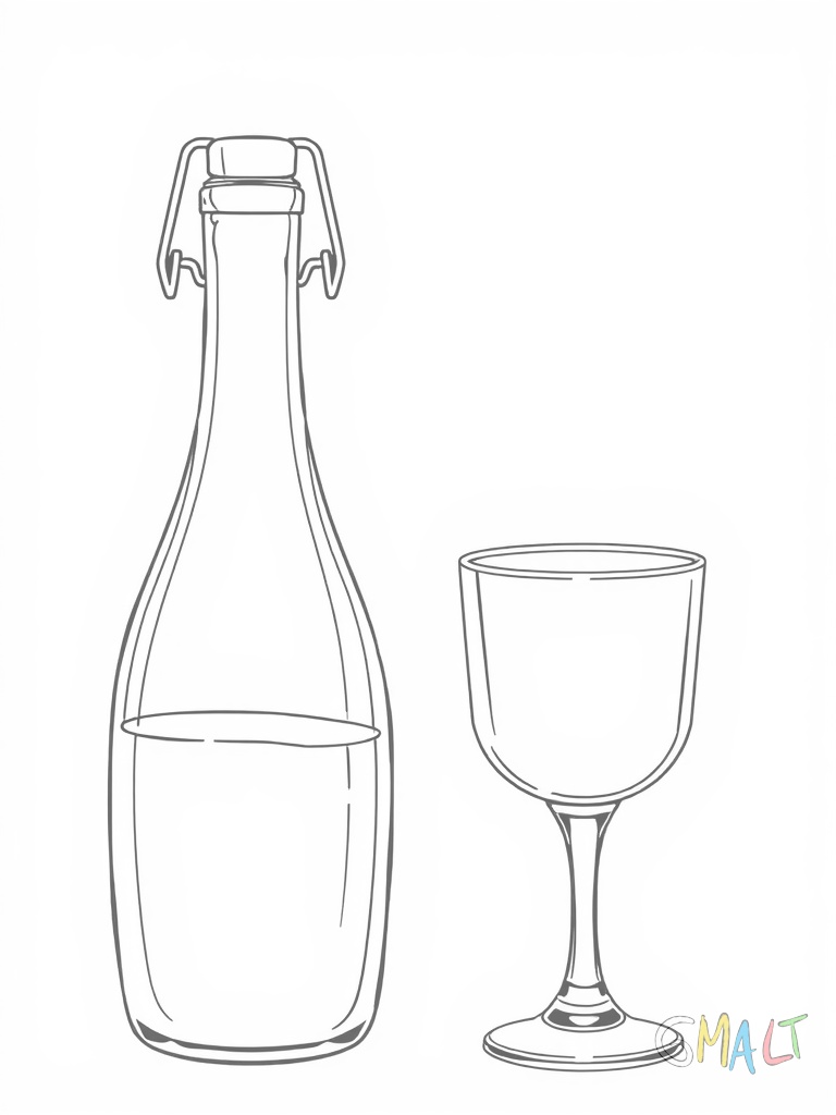 Eine bauchige Saftflasche mit schmalem Hals steht neben einem leeren Trinkglas. Die Flasche ist zur Hälfte gefüllt und hat einen Drehverschluss.