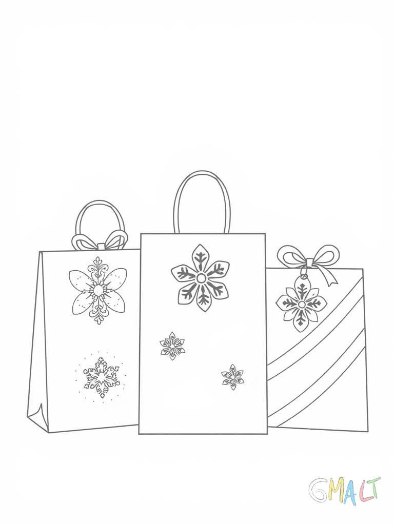 Drei unterschiedlich große Geschenktüten stehen nebeneinander. Die mittlere Tüte ist am größten. Alle Tüten haben gedrehte Kordeln als Henkel und dekorative Streifen.
