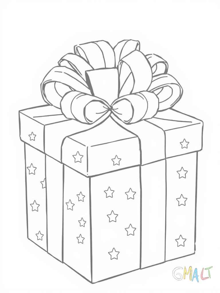 Ein großes Geschenkpaket mit einer üppigen Schleife oben drauf. Die quadratische Box ist mit Sternen gemustert und die Schleife hat zwei große Schleifen die nach links und rechts abstehen.