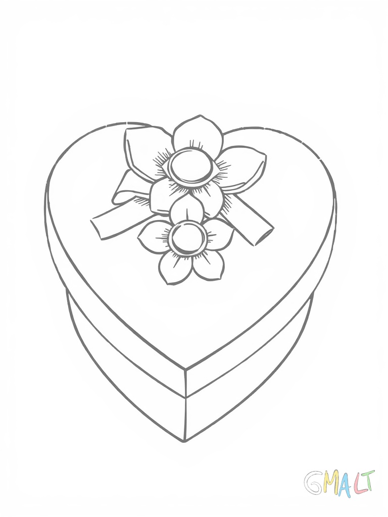 Eine Geschenkbox in Herzform mit einer kleinen Rosette in der oberen Mitte. Die Box hat einen gewellten Rand rundherum.