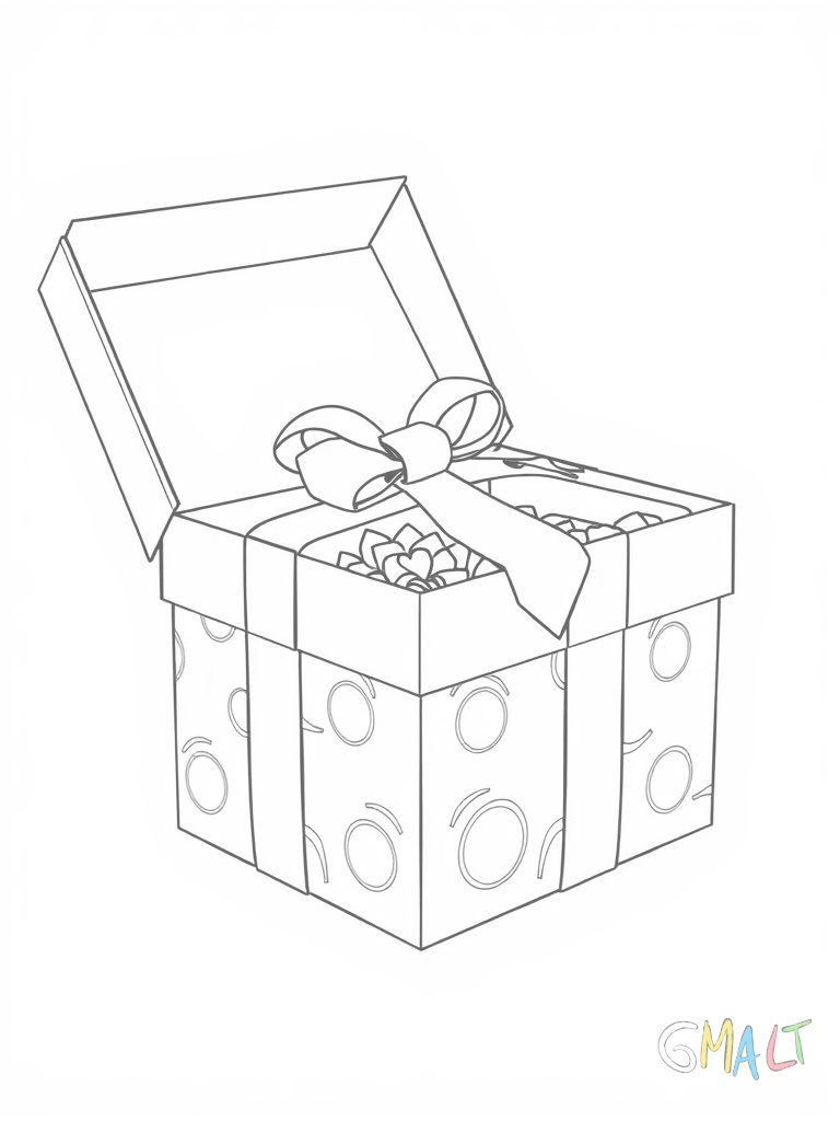 Eine rechteckige Geschenkbox mit aufklappbarem Deckel der an Scharnieren befestigt ist. Der Deckel steht halb offen.