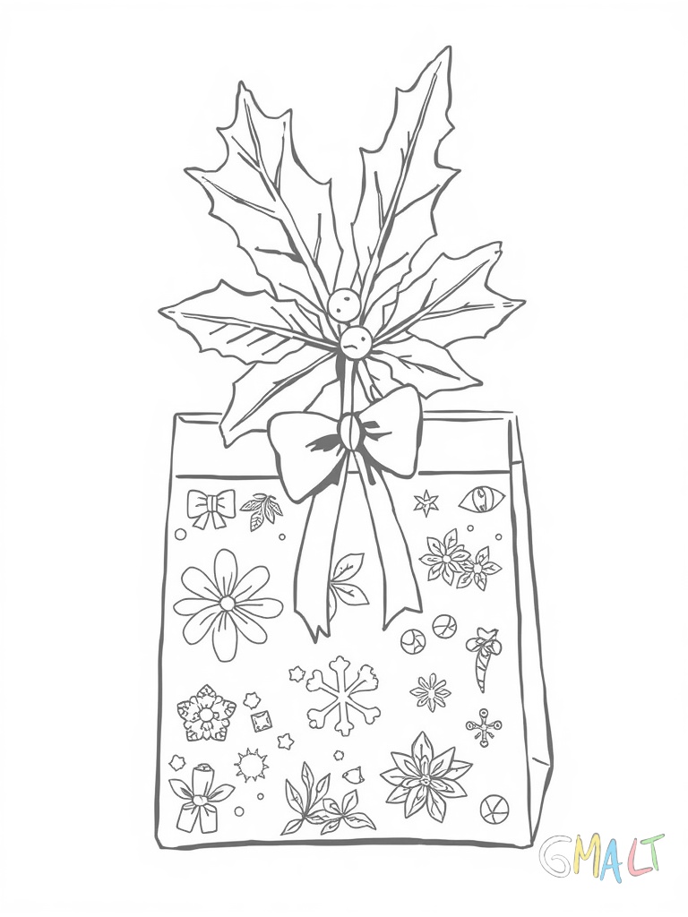 Eine Geschenktasche mit Weihnachtsmuster und zwei Tannenzweigen die oben herausschauen. Die Kordeln sind zu einer Schleife gebunden.