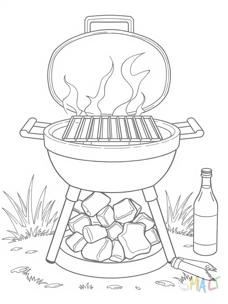 Ein Einweggrill aus Aluminium steht auf dem Boden. Die Kohlen glühen orange und der einfache Grillrost liegt darüber. Daneben steht eine Grillzange und eine Flasche Grillanzünder.
