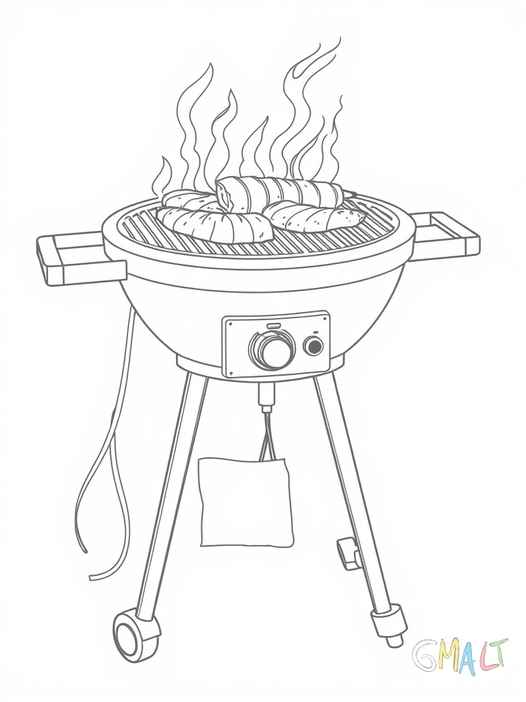 Ein Elektrogrill auf einem Standgestell mit Rollen. Das Grillgut wird auf einer gerippten Platte gegrillt. Das Stromkabel führt zur Steckdose und der Temperaturregler ist gut sichtbar. Eine Auffangschale für Fett hängt darunter.