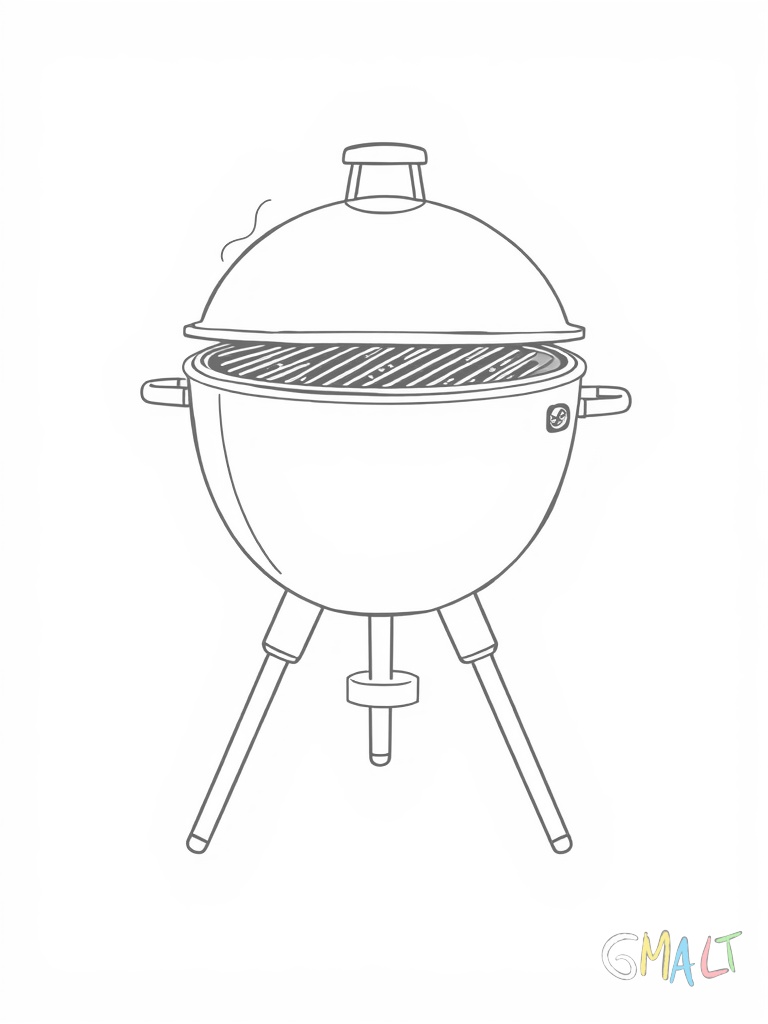 Ein runder Kugelgrill mit drei Standbeinen steht in der Bildmitte. Das Unterteil ist schwarz und der Deckel rot. An der Seite befindet sich ein Thermometer und zwei Lüftungsklappen sind sichtbar. Vorne hängt eine Ablage zum Aufklappen.
