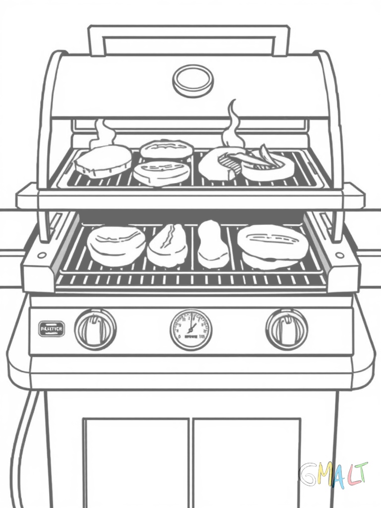 Ein moderner Gasgrill mit vier Brennern und seitlicher Ablagefläche. Auf dem Hauptgrill liegen drei Maiskolben und zwei Würstchen. Das Grillthermometer zeigt die Temperatur an und der Gasschlauch führt nach unten.