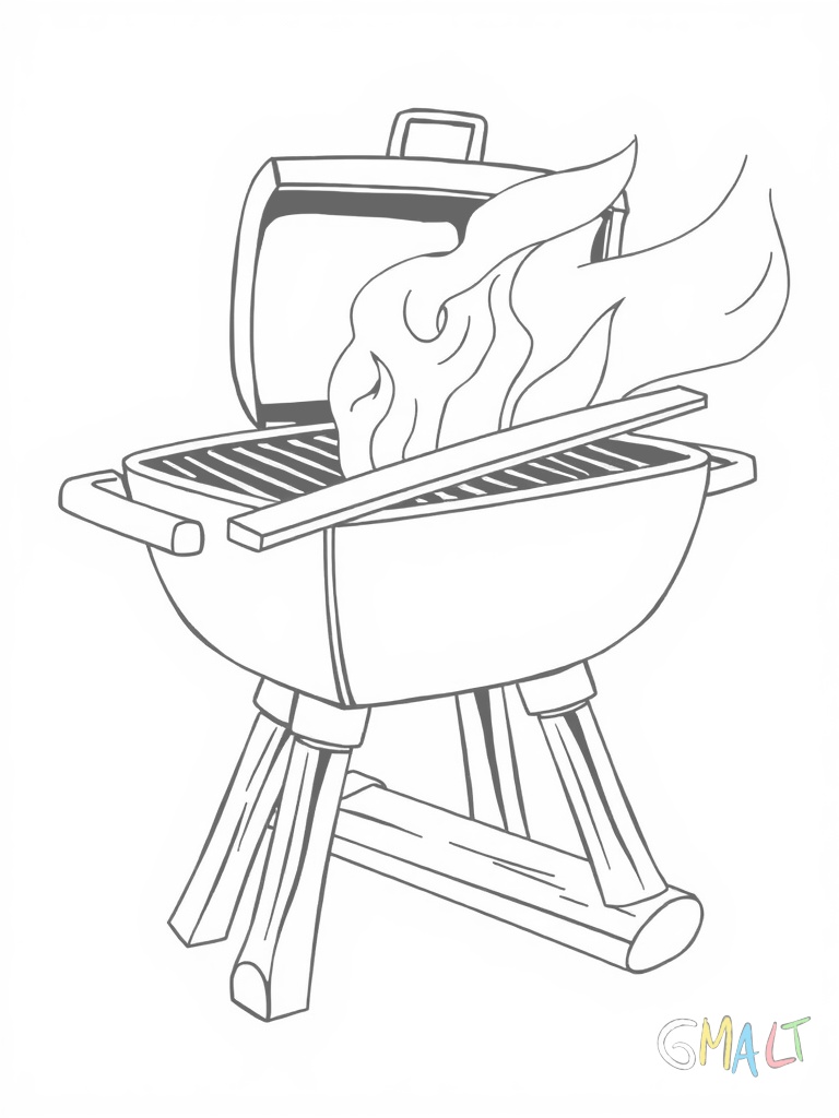 Ein großer rechteckiger Holzkohlegrill steht auf vier stabilen Beinen. Der Grillrost liegt oben auf und der Deckel ist halb geöffnet. Darunter sind glühende Kohlen zu sehen. Eine lange Grillzange liegt quer über dem Rost.