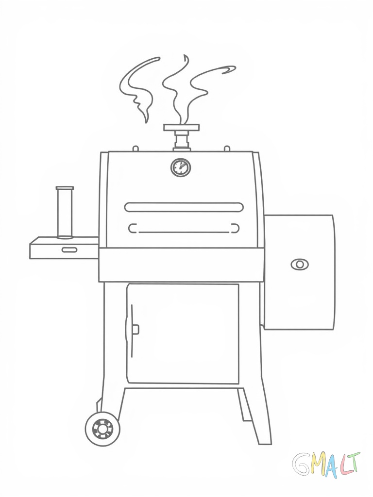 Ein rechteckiger Smoker-Grill mit seitlicher Räucherkammer. Der Hauptgrill hat einen großen Deckel mit Thermometer. Der Rauchabzug ragt oben heraus und an der Seite sind Luftklappen angebracht. Vorne befinden sich zwei große Räder.