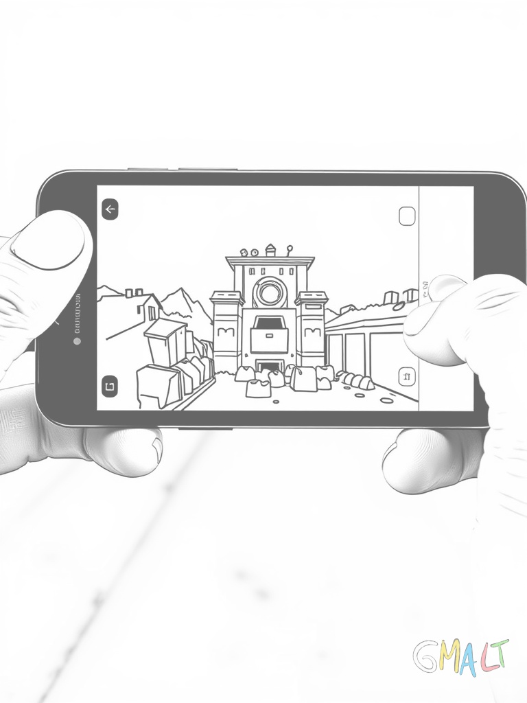 Ein Smartphone wird horizontal gehalten. Auf dem Bildschirm ist ein Fotorahmen zu sehen als würde gleich ein Bild gemacht.