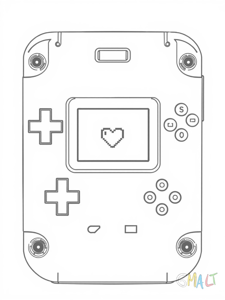 Eine Handyhülle gestaltet als Spielkonsole. Auf der Rückseite sind deutlich erkennbare Steuerkreuze und Aktionsknöpfe zu sehen. In der Mitte befindet sich ein kleiner rechteckiger 'Bildschirm' mit einem Pixelherz.
