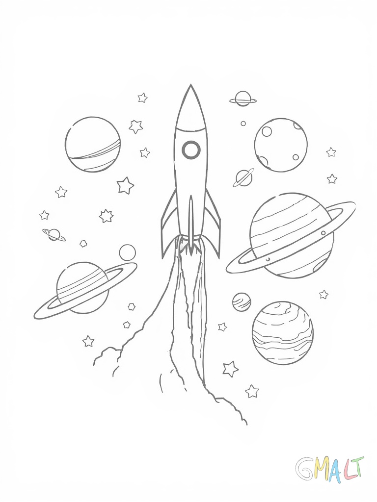 Eine Handyhülle mit einem Weltraummotiv. In der Mitte schwebt eine große Rakete die nach oben zeigt. Um die Rakete herum sind Planeten Sterne und kleine Meteoriten angeordnet. Die Kamera-Aussparung ist als Mond gestaltet.