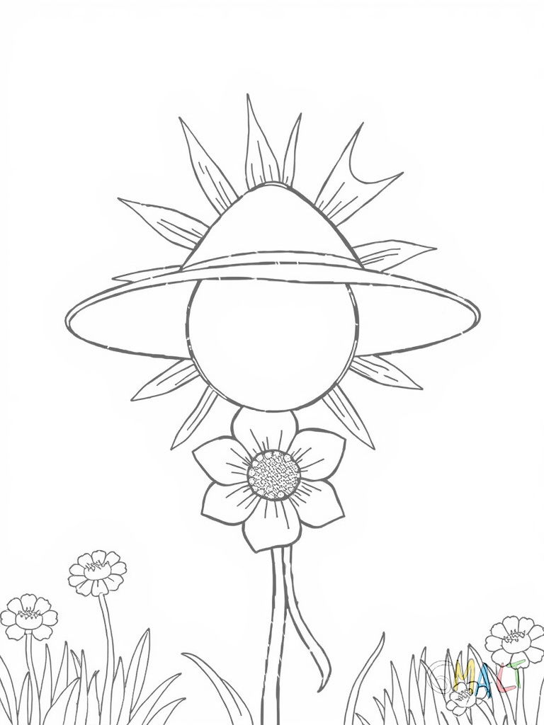 Ein Sonnenhut aus Stroh liegt flach ausgebreitet. Die Krempe ist extra breit und wellig. Am Hutband ist eine große Stoffblume befestigt.