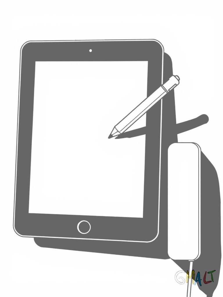 Ein iPad lehnt schräg an einer Wand. Der Apple Pencil schwebt darüber in der Luft. Auf dem Bildschirm ist eine halbfertige Skizze zu erkennen.