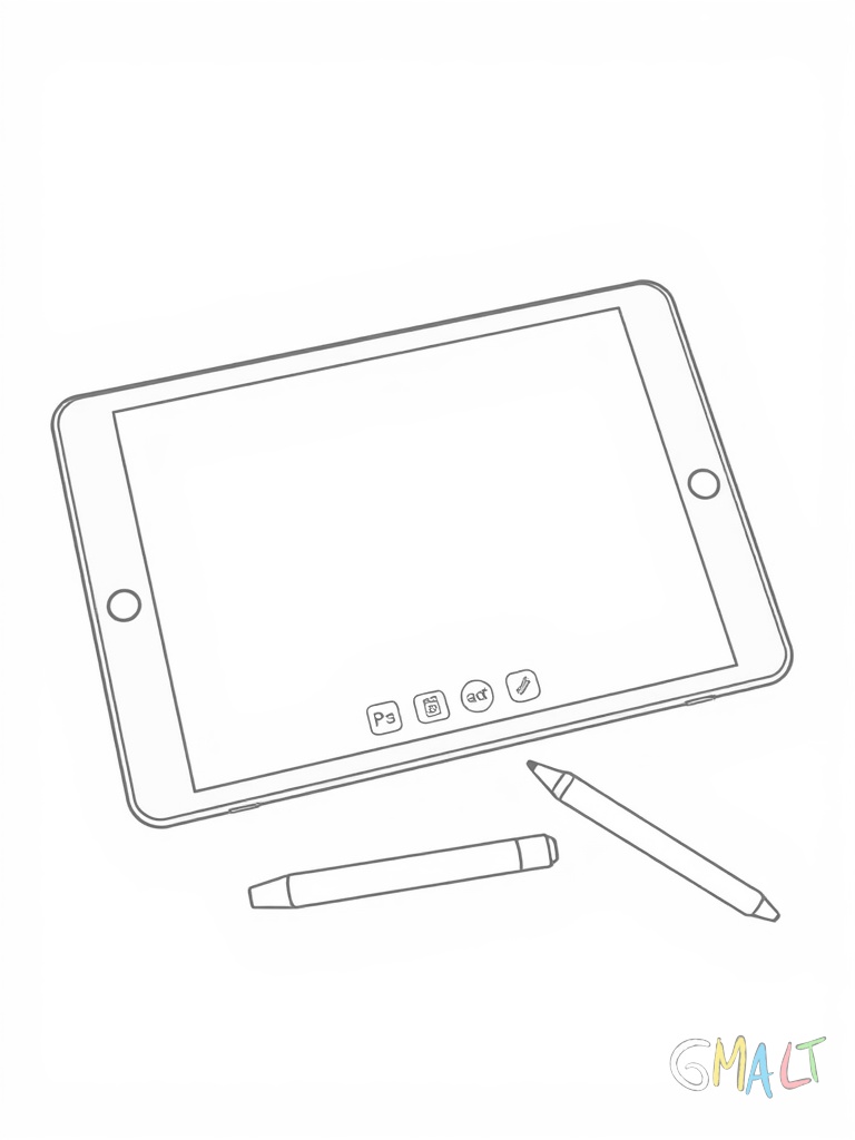 Ein großes iPad liegt flach auf einem Tisch. Der Bildschirm zeigt einen bunten Startbildschirm mit App-Symbolen. Daneben liegt ein weißer Apple Pencil.