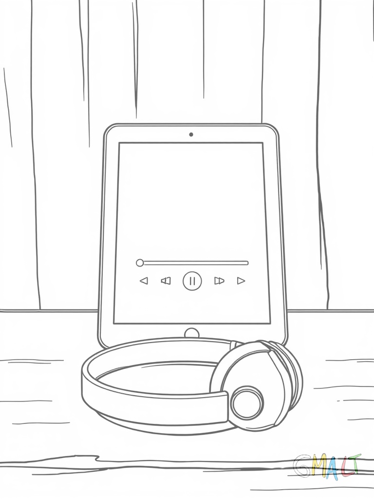 Ein iPad steht im Hochformat auf einem Tisch. Daneben liegen Kopfhörer. Der Bildschirm zeigt einen Videoplayer mit Pauseknopf in der Mitte.