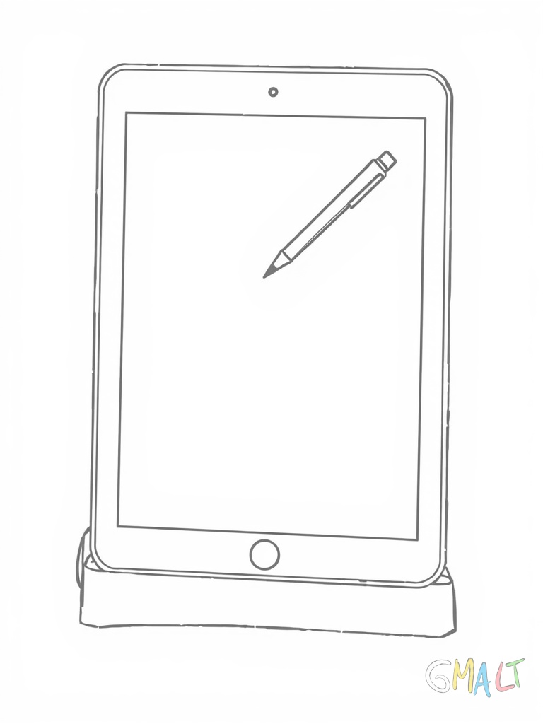 Ein iPad steht aufrecht in einem gefalteten Schutzcover das als Ständer dient. Der Bildschirm zeigt eine geöffnete Zeichen-App mit leerer Leinwand.