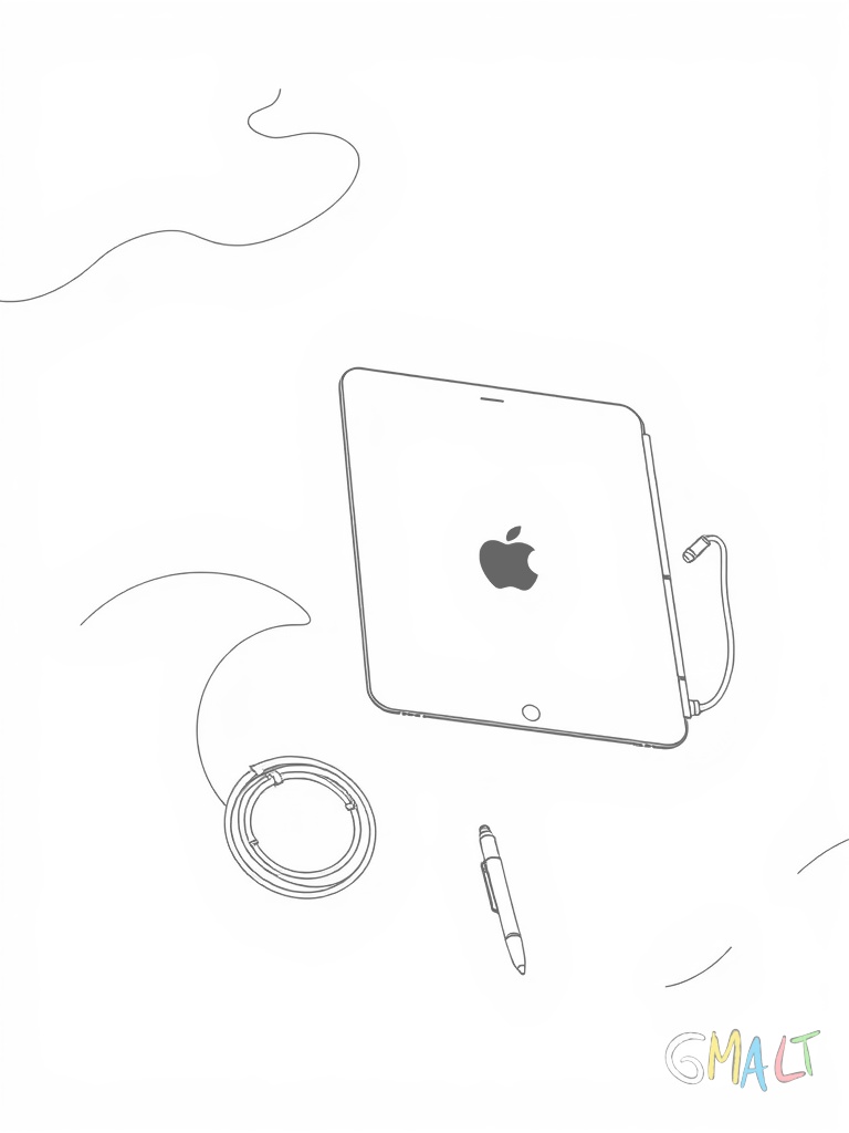 Ein iPad schwebt in der Luft mit verschiedenen Zubehörteilen drumherum: Apple Pencil Ladekabel und Schutzhülle kreisförmig angeordnet.