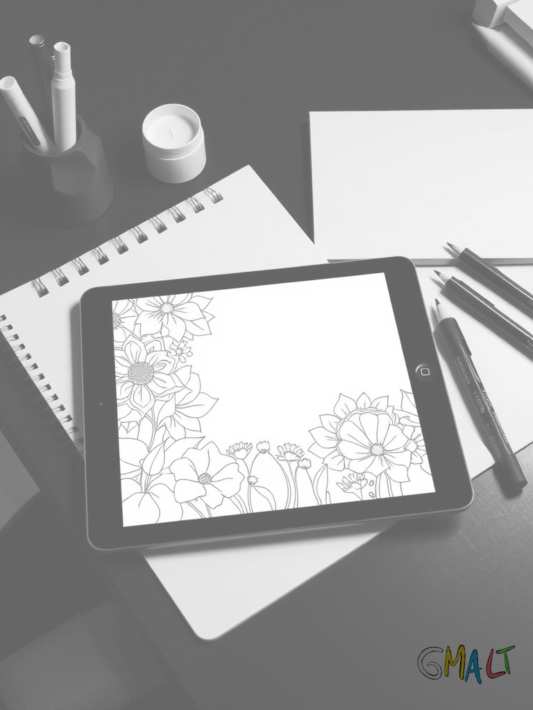Ein iPad liegt auf einem Schreibtisch neben einem Notizblock und Stiften. Der Bildschirm ist eingeschaltet und zeigt einen Fotobearbeitungs-Bildschirm.