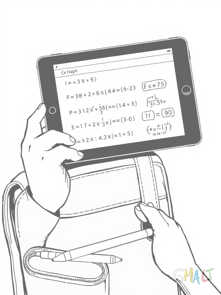 Ein iPad wird über einem geöffneten Schulheft gehalten. Der Bildschirm zeigt eine Lern-App mit mathematischen Formeln. Der Apple Pencil liegt daneben.