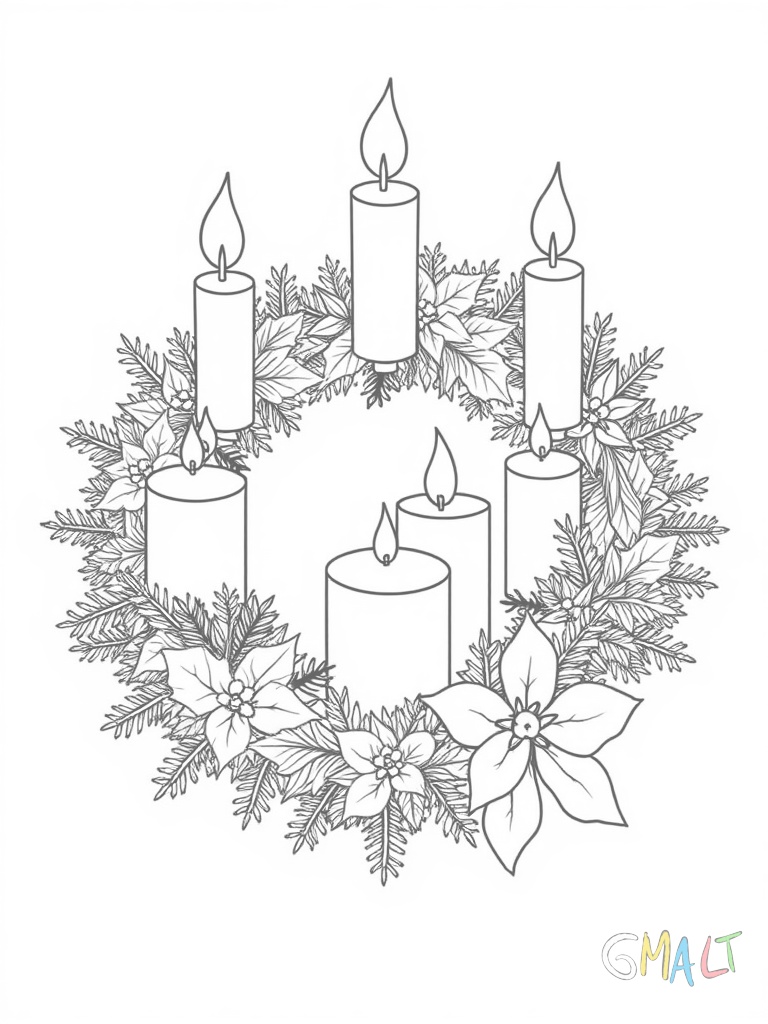 Ein festlicher Adventskranz mit vier gleich großen Kerzen ist von oben zu sehen. Die Kerzen stehen gleichmäßig verteilt auf dem runden Kranz aus Tannenzweigen. Zwei Schleifen schmücken den Kranz links und rechts.