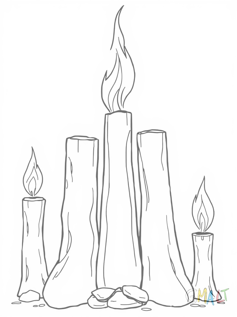 Drei unterschiedlich hohe Stumpenkerzen stehen nebeneinander. Die mittlere Kerze ist am größten die äußeren etwas kleiner. Alle drei brennen mit kleinen Flammen.