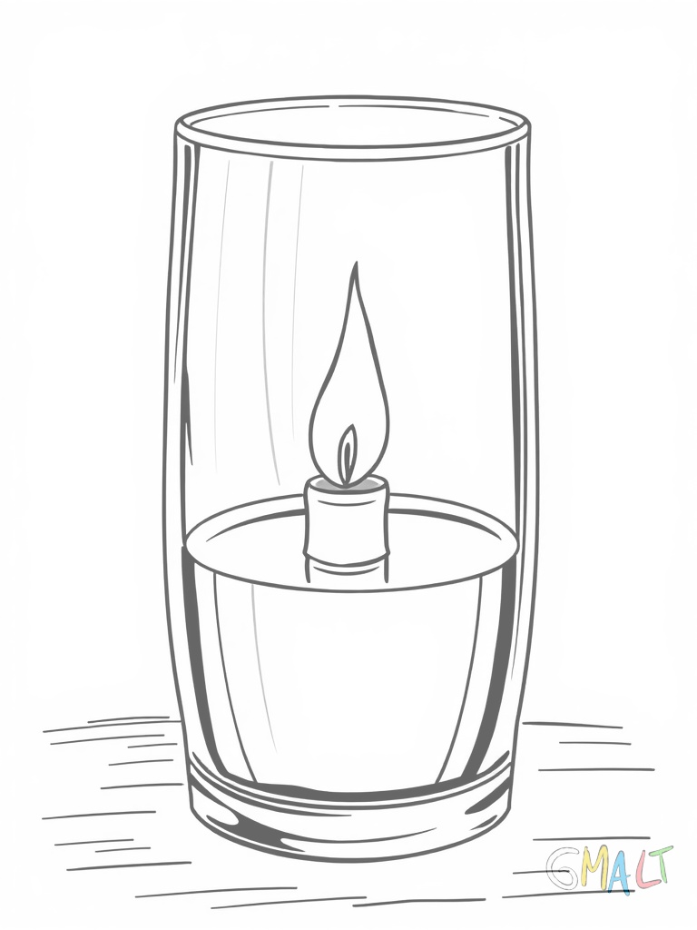 Ein Teelicht in einem kleinen Glashalter steht in der Bildmitte. Die kleine Flamme spiegelt sich im Glas. Geschmolzenes Wachs ist im unteren Teil zu sehen.