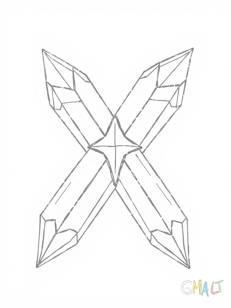 Zwei sich kreuzende Kristalle bilden ein X in der Bildmitte. Beide Kristalle sind gleich lang und haben spitz zulaufende Enden. An den Kreuzungspunkt wachsen zwei kleine Kristallspitzen.