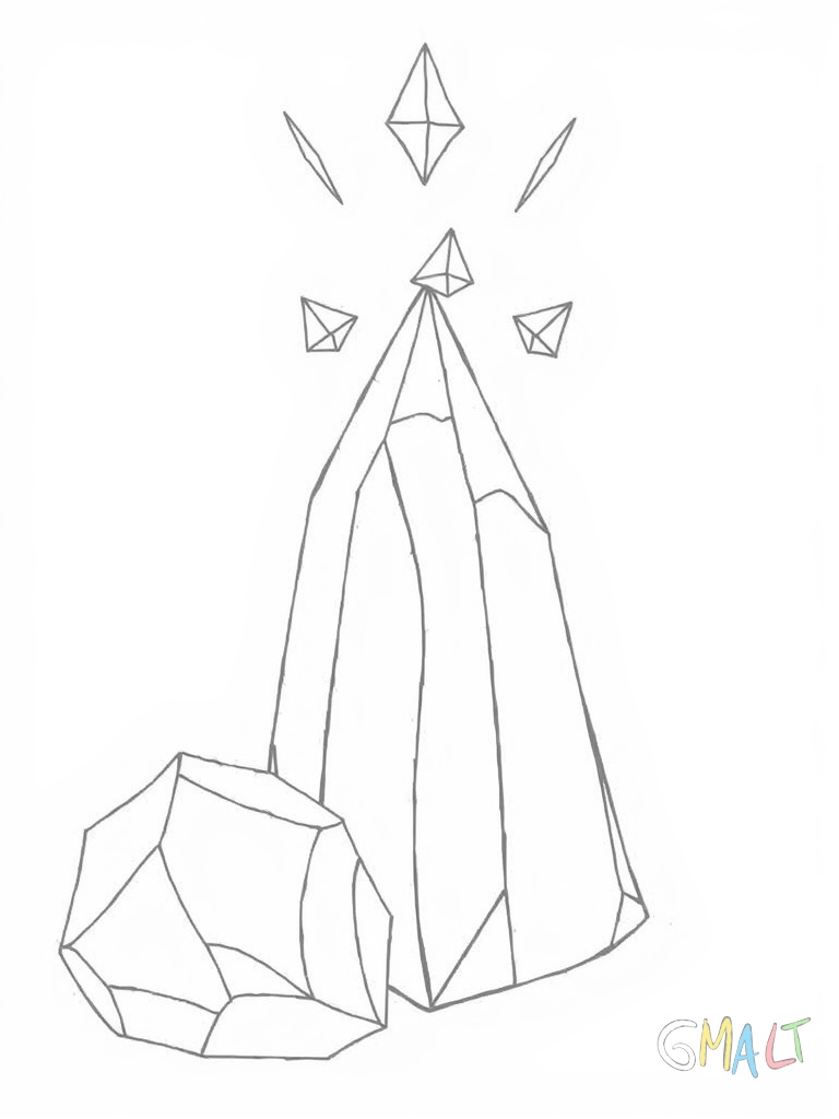 Ein großer prismenförmiger Kristall liegt waagerecht in der Bildmitte. An seiner Oberseite sprießen drei kleine pyramidenförmige Kristalle empor. Alle Kristalle haben klare geometrische Formen.