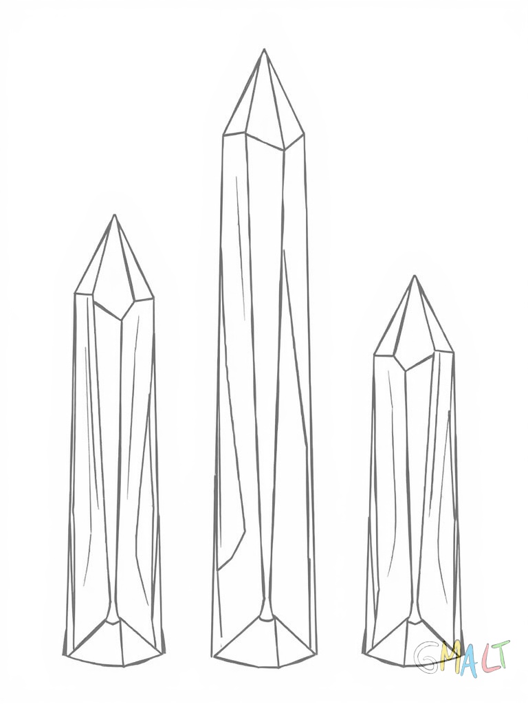 Drei parallel stehende Kristallsäulen unterschiedlicher Höhe stehen nebeneinander. Die mittlere Säule ist am höchsten die äußeren sind etwas niedriger. Alle haben gerade Kanten.