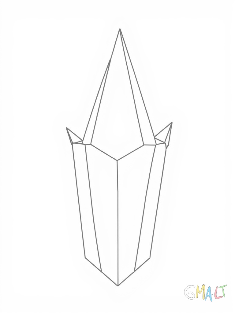 Ein großer sechseckiger Kristall steht aufrecht in der Bildmitte. Er hat drei kleinere spitze Kristalle die links und rechts aus ihm herauswachsen. Die Kristallform ist klar und geometrisch mit geraden Kanten.