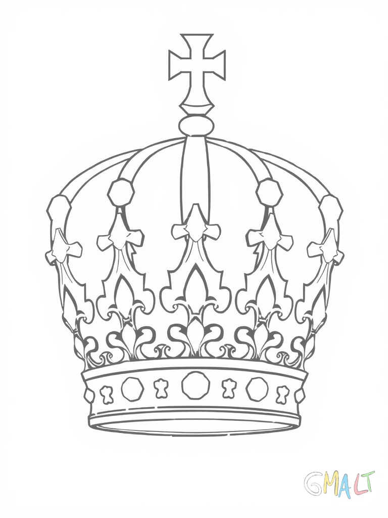 Eine elegante Königinnenkrone mit abwechselnd hohen und niedrigen Zacken. Auf den hohen Zacken sitzen kleine Kreuze.