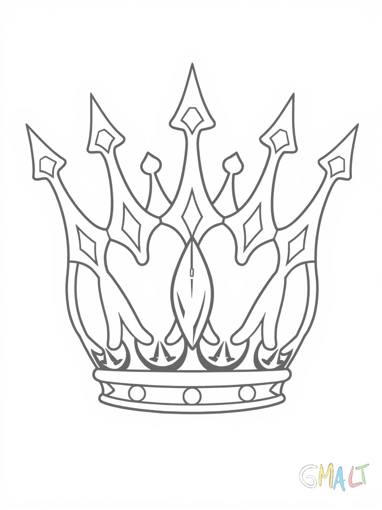 Eine schmale Tiara mit sieben spitzen Zacken in aufsteigender Höhe zur Mitte hin. Die mittlere Zacke trägt einen tropfenförmigen Stein.