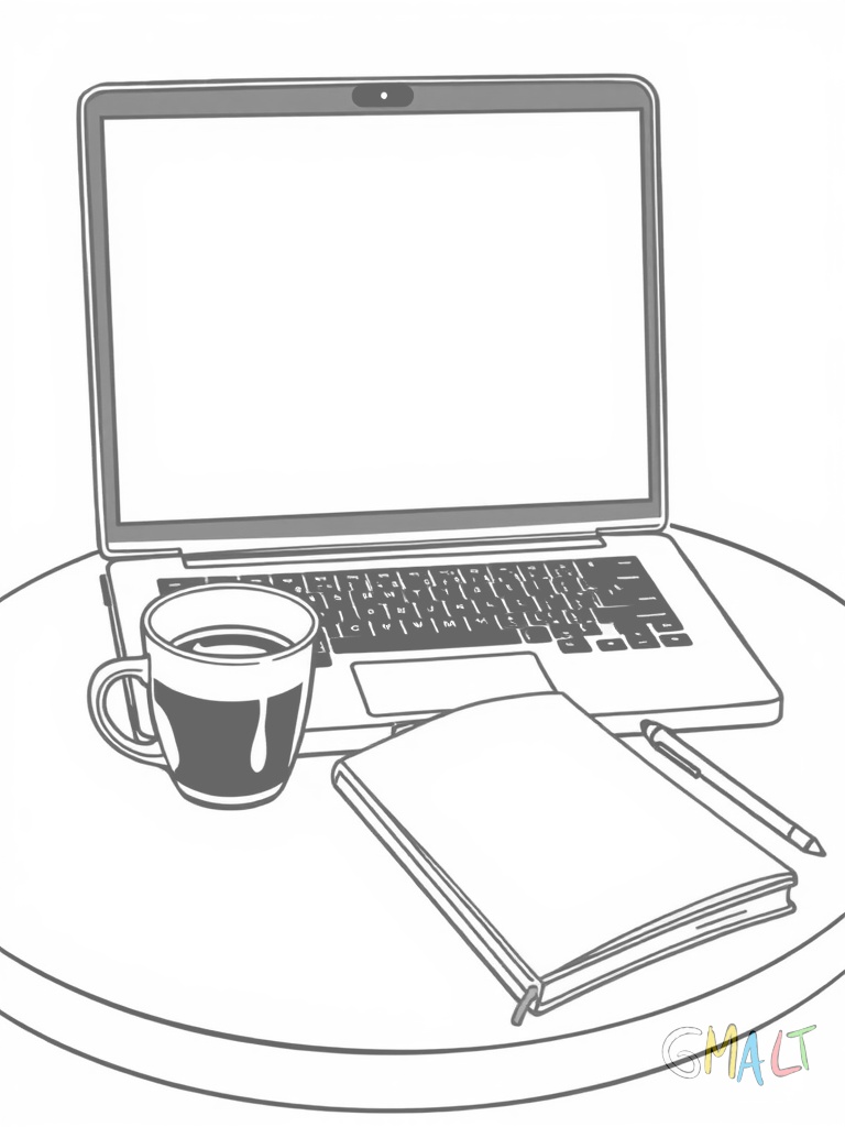 Ein Laptop steht auf einem runden Tisch. Eine Tasse dampfenden Kaffees steht links daneben. Ein Notizbuch liegt rechts vom Laptop.