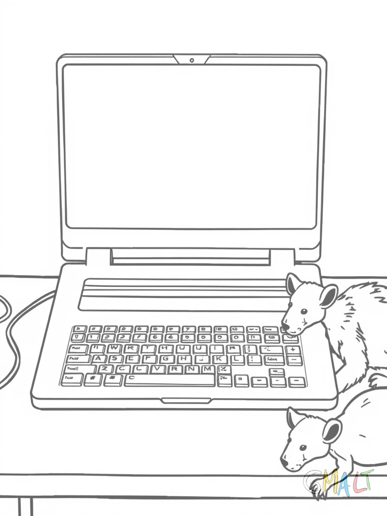 Ein moderner Laptop steht aufgeklappt auf einem Schreibtisch. Der Bildschirm zeigt einen hellblauen Desktop. Die Tastatur ist gut sichtbar mit vielen kleinen Tasten. Eine Maus liegt rechts neben dem Laptop.